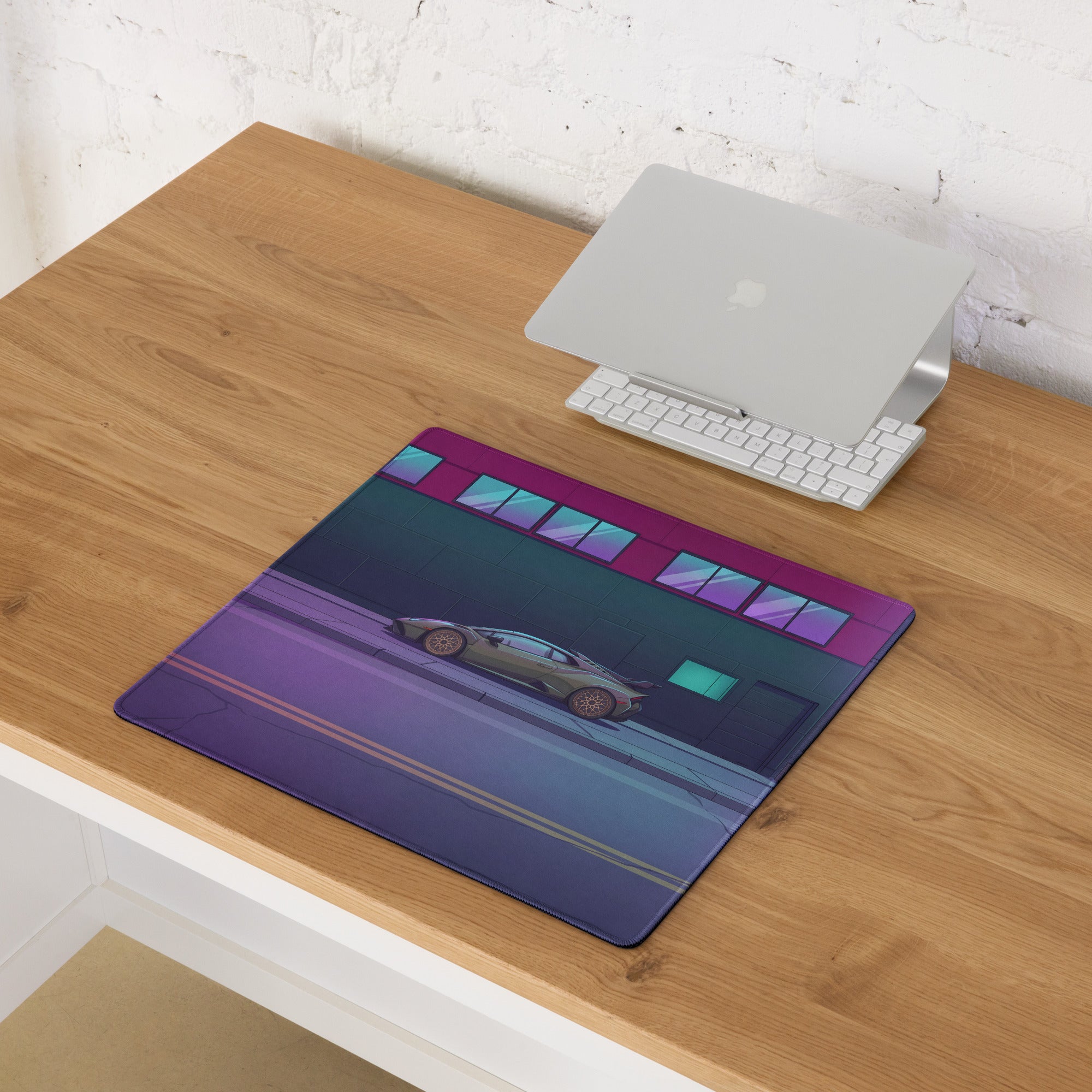 Lamborghini Huracán STO Inspired Gray Pink Vaporwave Gaming Mouse Pad – Neon Cyberpunk Street Desk Mat, Futuristic Urban Supercar Digital Art