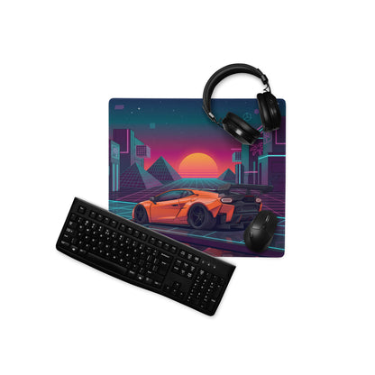 Lamborghini Temerario Inspired Orange Vaporwave Gaming Mouse Pad – Neon Cyberpunk City Desk Mat, Retro Futuristic Supercar Digital Artwork
