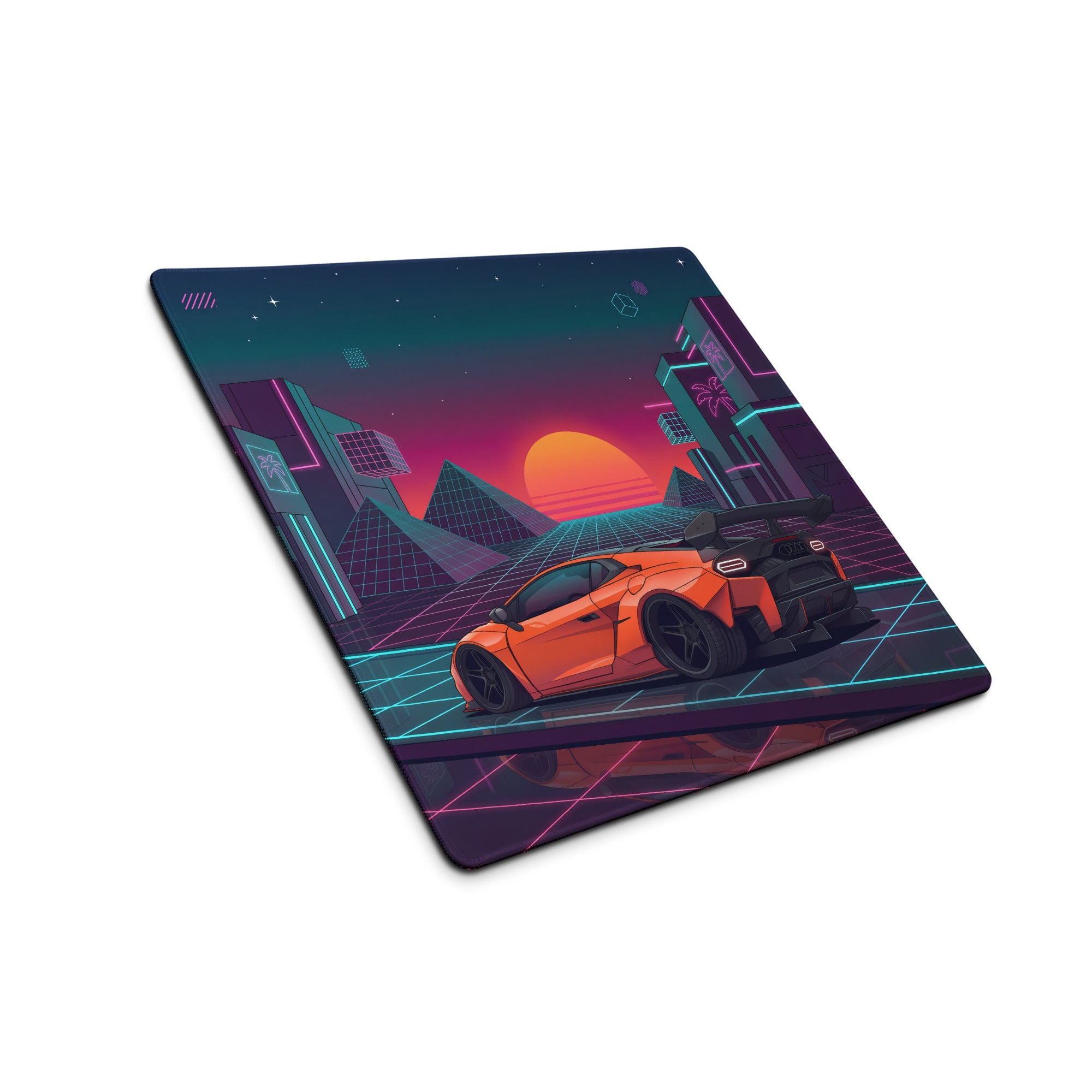 Lamborghini Temerario Inspired Orange Vaporwave Gaming Mouse Pad – Neon Cyberpunk City Desk Mat, Retro Futuristic Supercar Digital Artwork