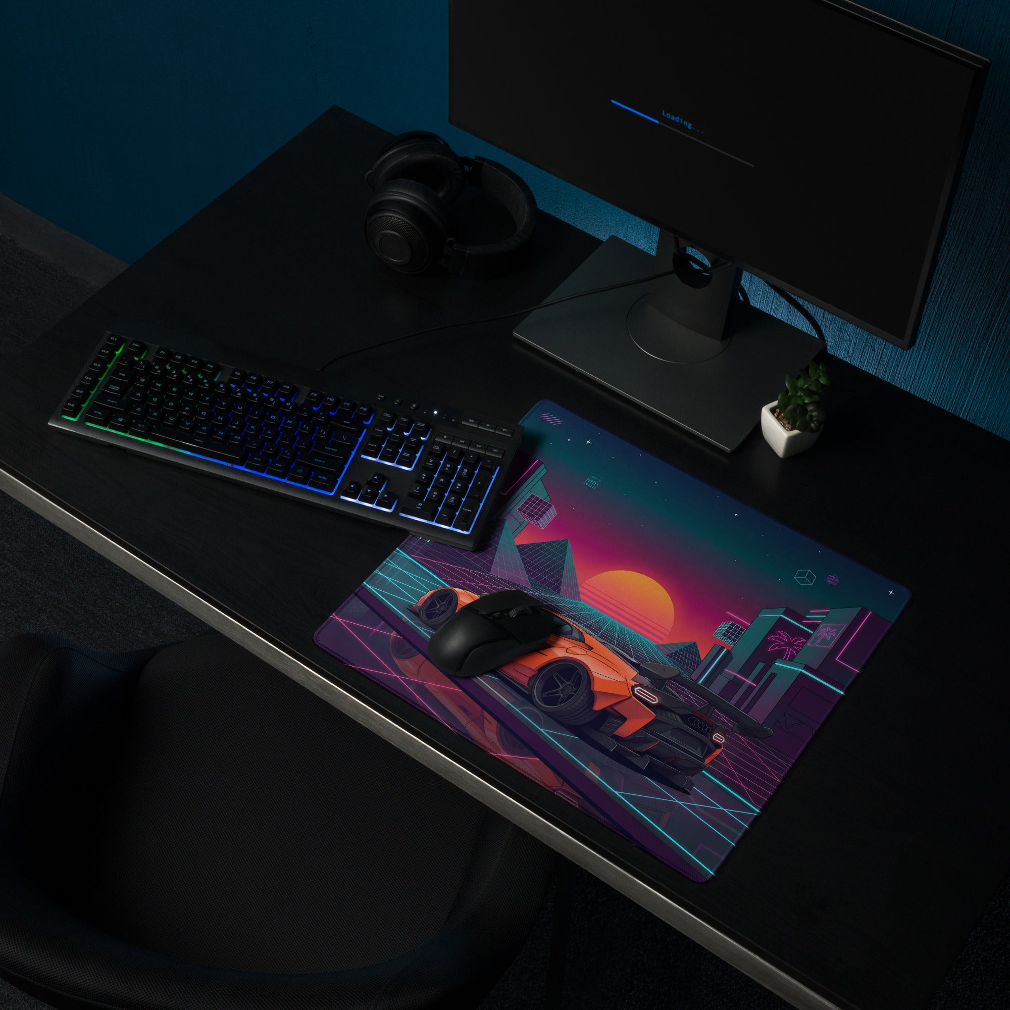 Lamborghini Temerario Inspired Orange Vaporwave Gaming Mouse Pad – Neon Cyberpunk City Desk Mat, Retro Futuristic Supercar Digital Artwork