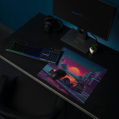 Lamborghini Temerario Inspired Orange Vaporwave Gaming Mouse Pad – Neon Cyberpunk City Desk Mat, Retro Futuristic Supercar Digital Artwork