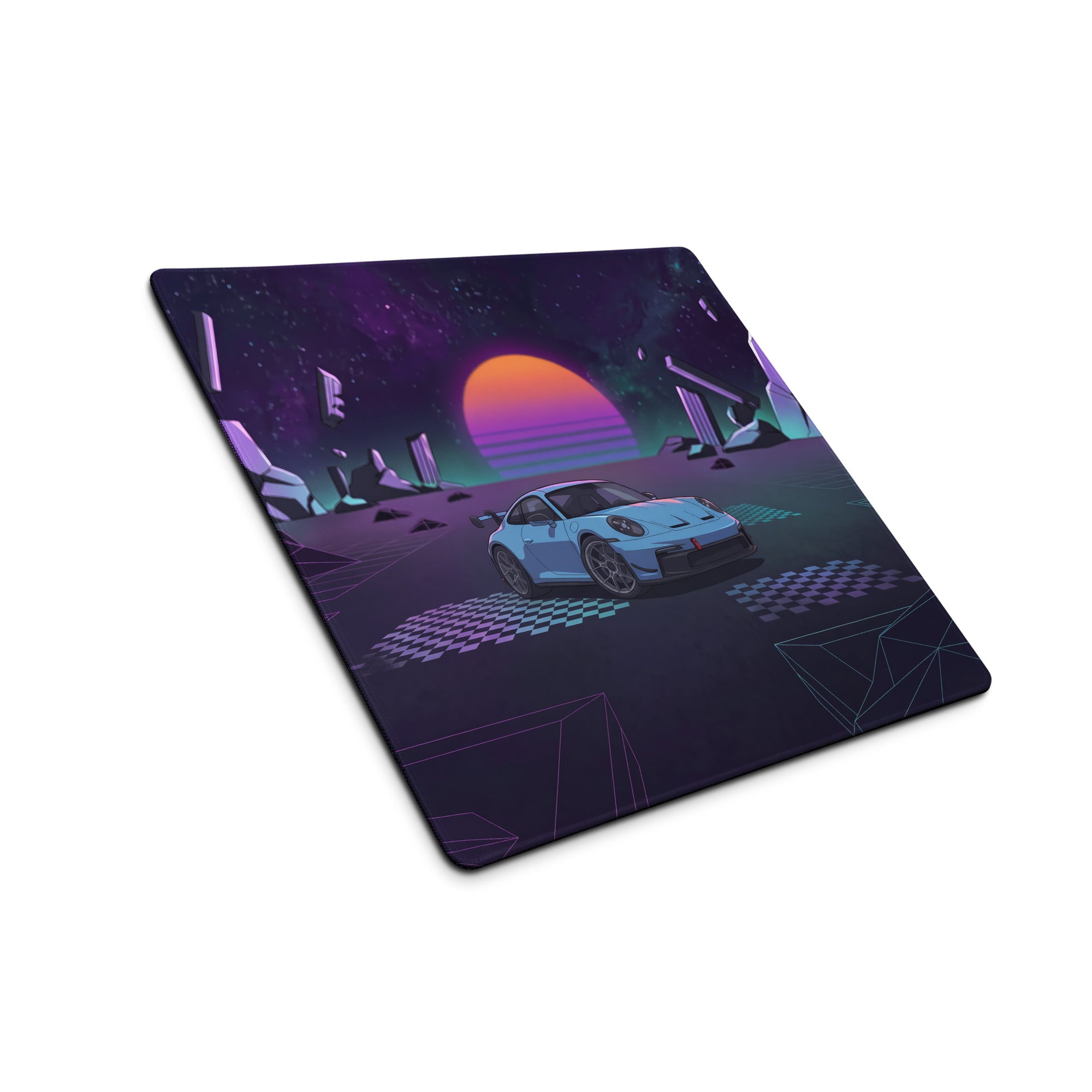 Porsche 911 GT3 Inspired Light Blue Purple Vaporwave Gaming Mouse Pad – Cosmic Neon Landscape Desk Mat, Retro Futuristic Racing Car Digital Art