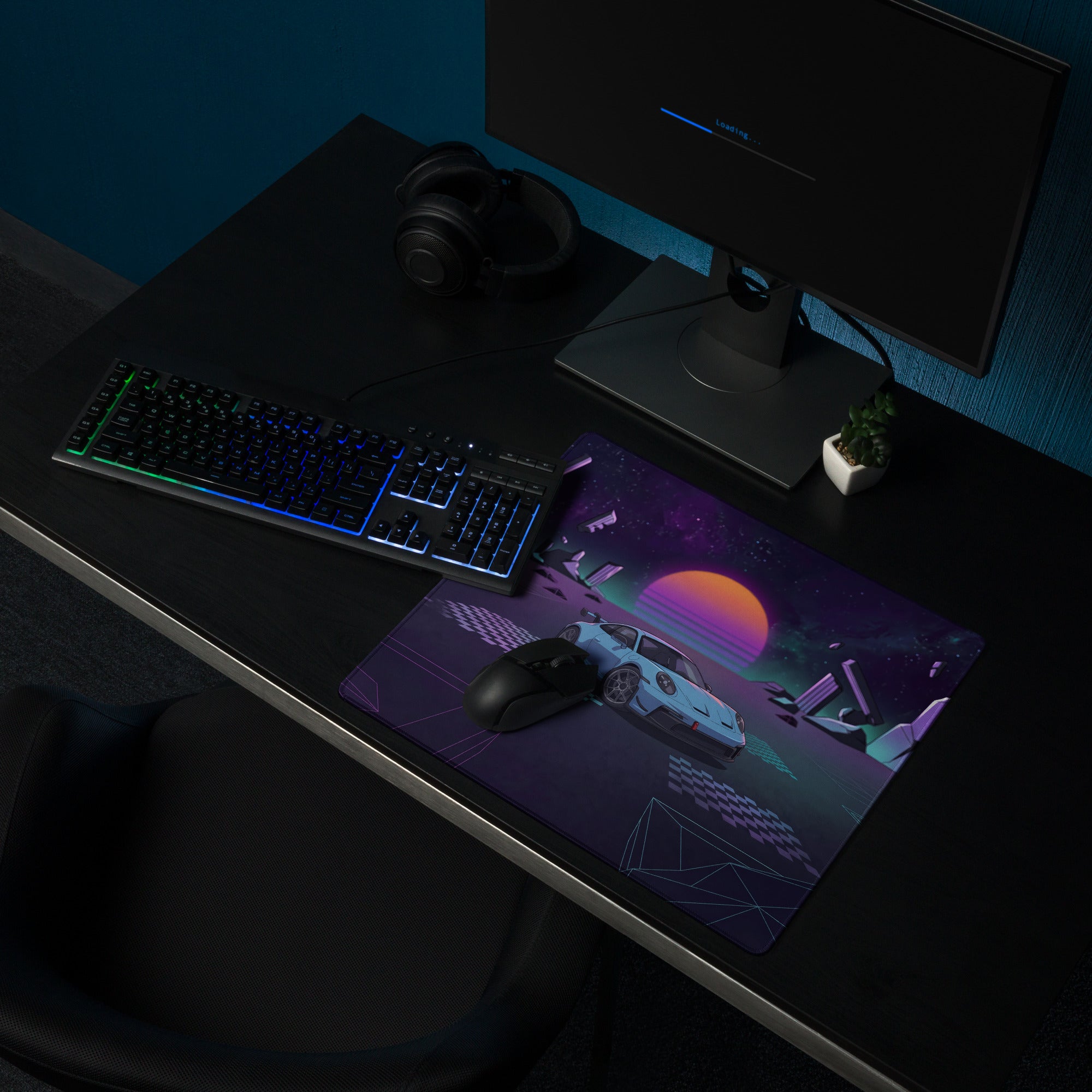 Porsche 911 GT3 Inspired Light Blue Purple Vaporwave Gaming Mouse Pad – Cosmic Neon Landscape Desk Mat, Retro Futuristic Racing Car Digital Art