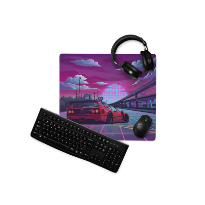 Ferrari F40 Inspired Red Purple Vaporwave Gaming Mouse Pad – Neon Retro Highway Desk Mat, Futuristic Cyberpunk Supercar Digital Artwork