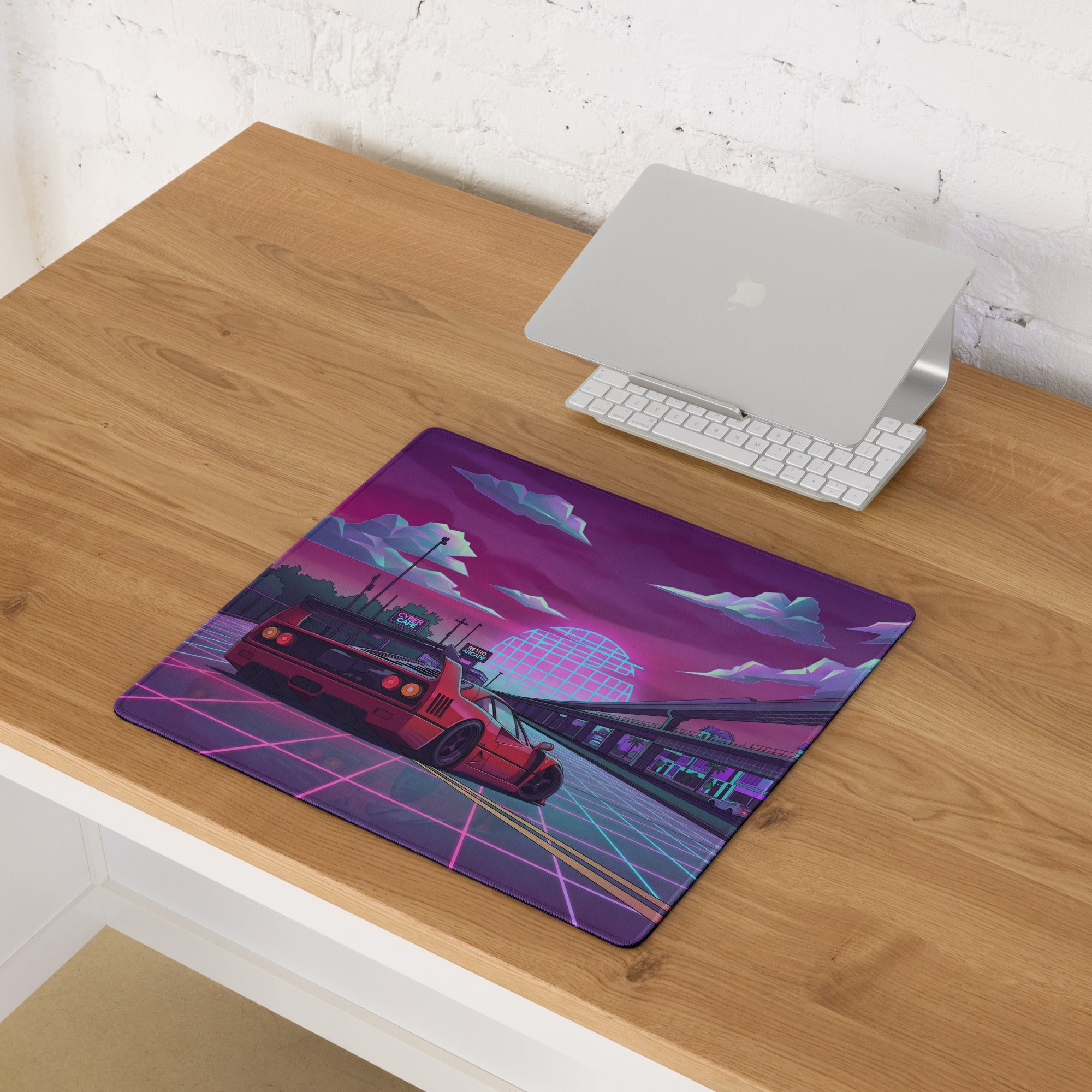 Ferrari F40 Inspired Red Purple Vaporwave Gaming Mouse Pad – Neon Retro Highway Desk Mat, Futuristic Cyberpunk Supercar Digital Artwork
