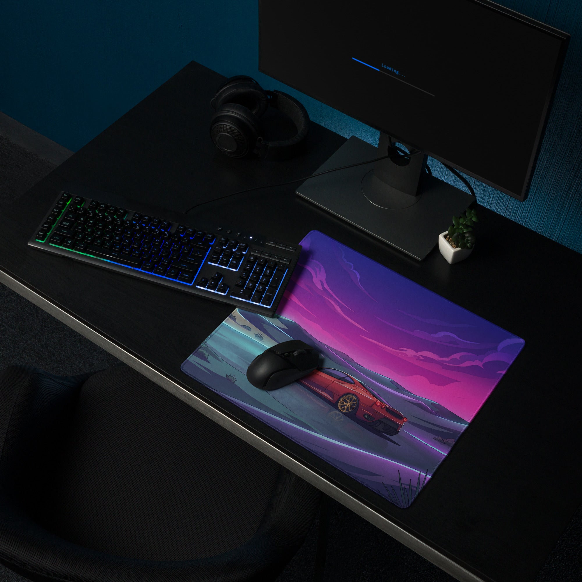Ferrari F430 Modena Inspired Red Purple Vaporwave Gaming Mouse Pad – Dreamy Neon Desert Desk Mat, Retro Futuristic Supercar Digital Artwork
