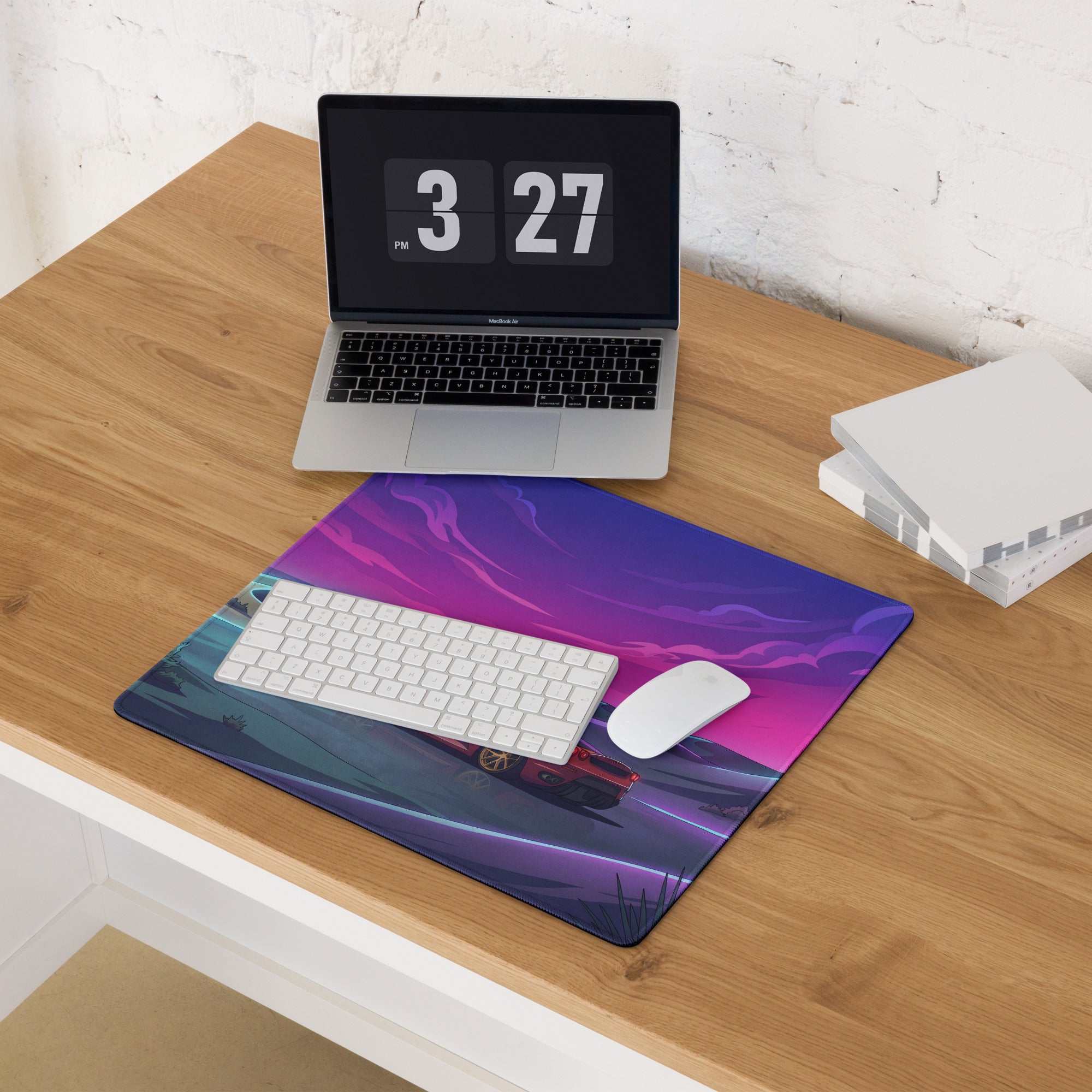 Ferrari F430 Modena Inspired Red Purple Vaporwave Gaming Mouse Pad – Dreamy Neon Desert Desk Mat, Retro Futuristic Supercar Digital Artwork