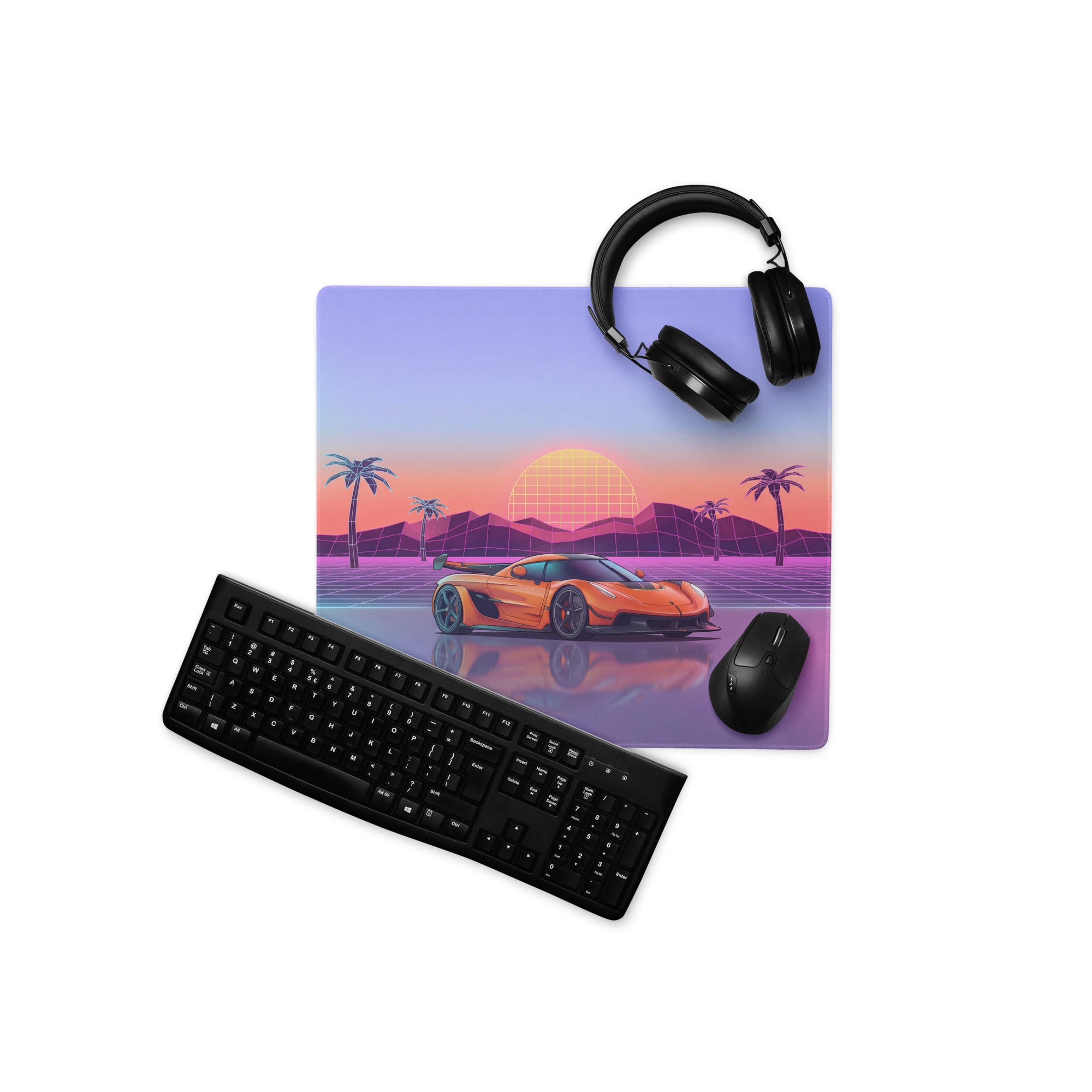 Koenigsegg Jesko Inspired Orange Vaporwave Gaming Mouse Pad – Pastel Neon Palm Tree Desk Mat, Retro Futuristic Hypercar Digital Artwork