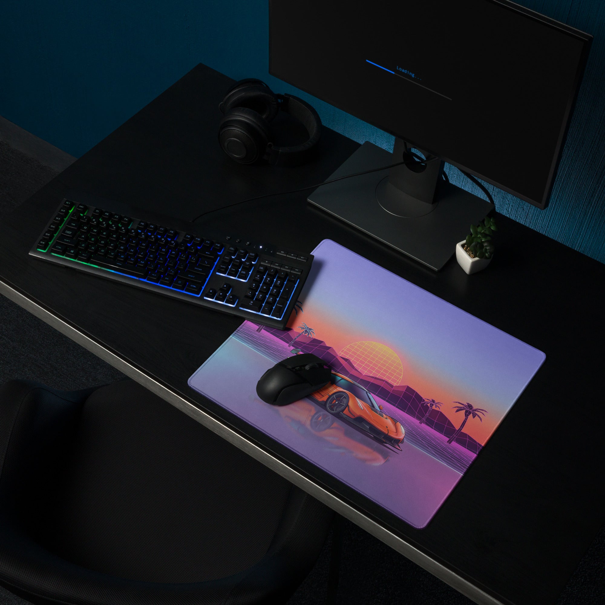 Koenigsegg Jesko Inspired Orange Vaporwave Gaming Mouse Pad – Pastel Neon Palm Tree Desk Mat, Retro Futuristic Hypercar Digital Artwork
