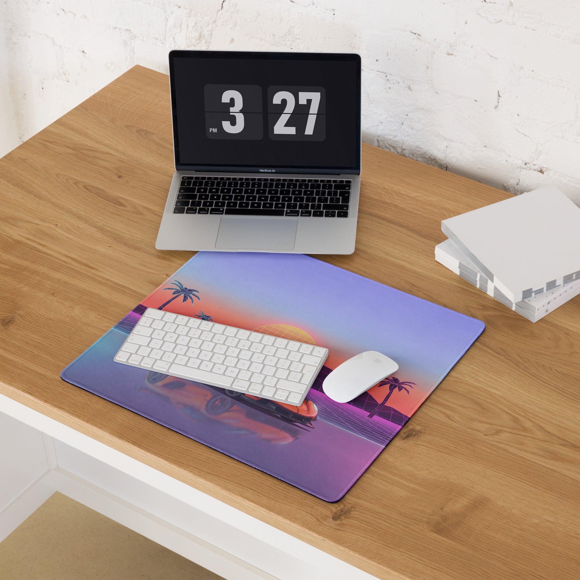 Koenigsegg Jesko Inspired Orange Vaporwave Gaming Mouse Pad – Pastel Neon Palm Tree Desk Mat, Retro Futuristic Hypercar Digital Artwork