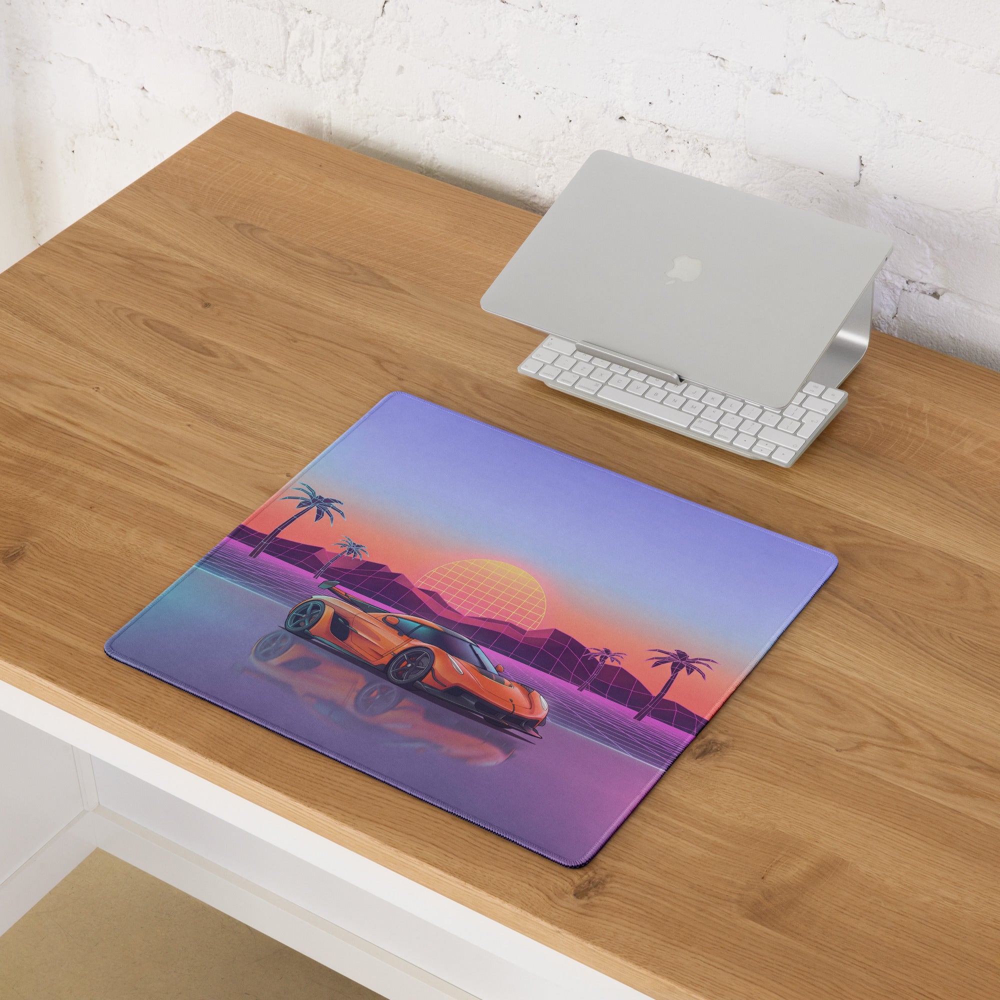 Koenigsegg Jesko Inspired Orange Vaporwave Gaming Mouse Pad – Pastel Neon Palm Tree Desk Mat, Retro Futuristic Hypercar Digital Artwork