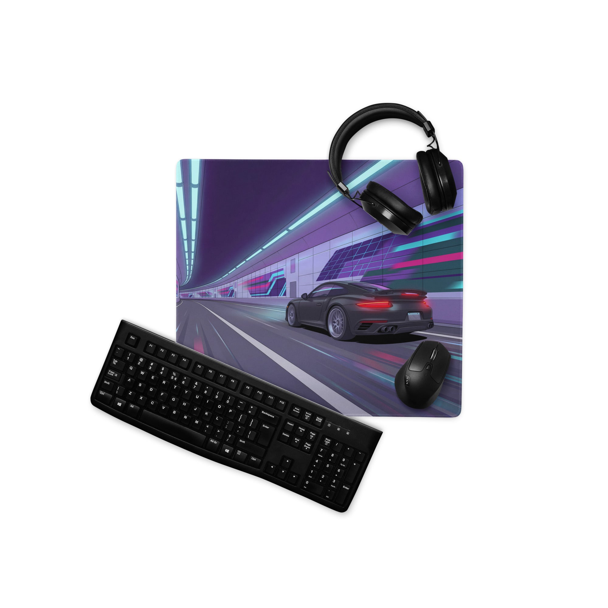Porsche 911 Turbo S Inspired Black Purple Vaporwave Gaming Mouse Pad – Neon Cyberpunk Tunnel Desk Mat, Futuristic Racing Car Digital Artwork