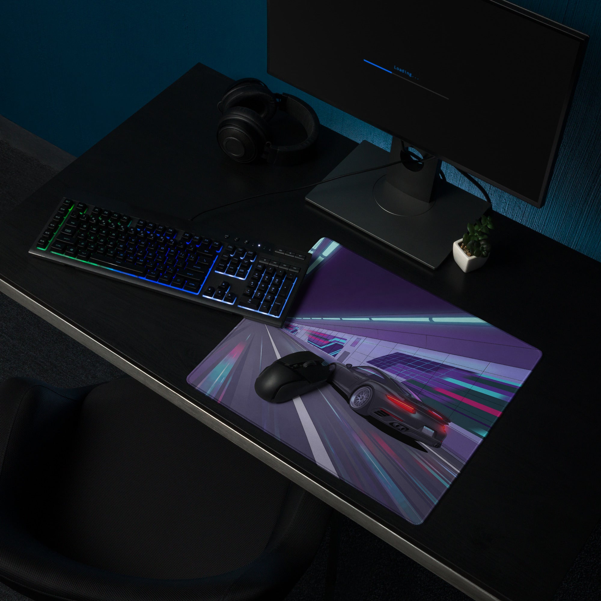 Porsche 911 Turbo S Inspired Black Purple Vaporwave Gaming Mouse Pad – Neon Cyberpunk Tunnel Desk Mat, Futuristic Racing Car Digital Artwork