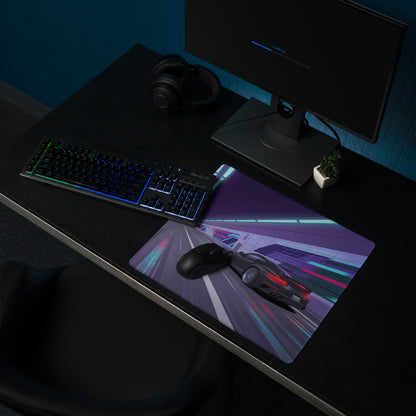 Porsche 911 Turbo S Inspired Black Purple Vaporwave Gaming Mouse Pad – Neon Cyberpunk Tunnel Desk Mat, Futuristic Racing Car Digital Artwork