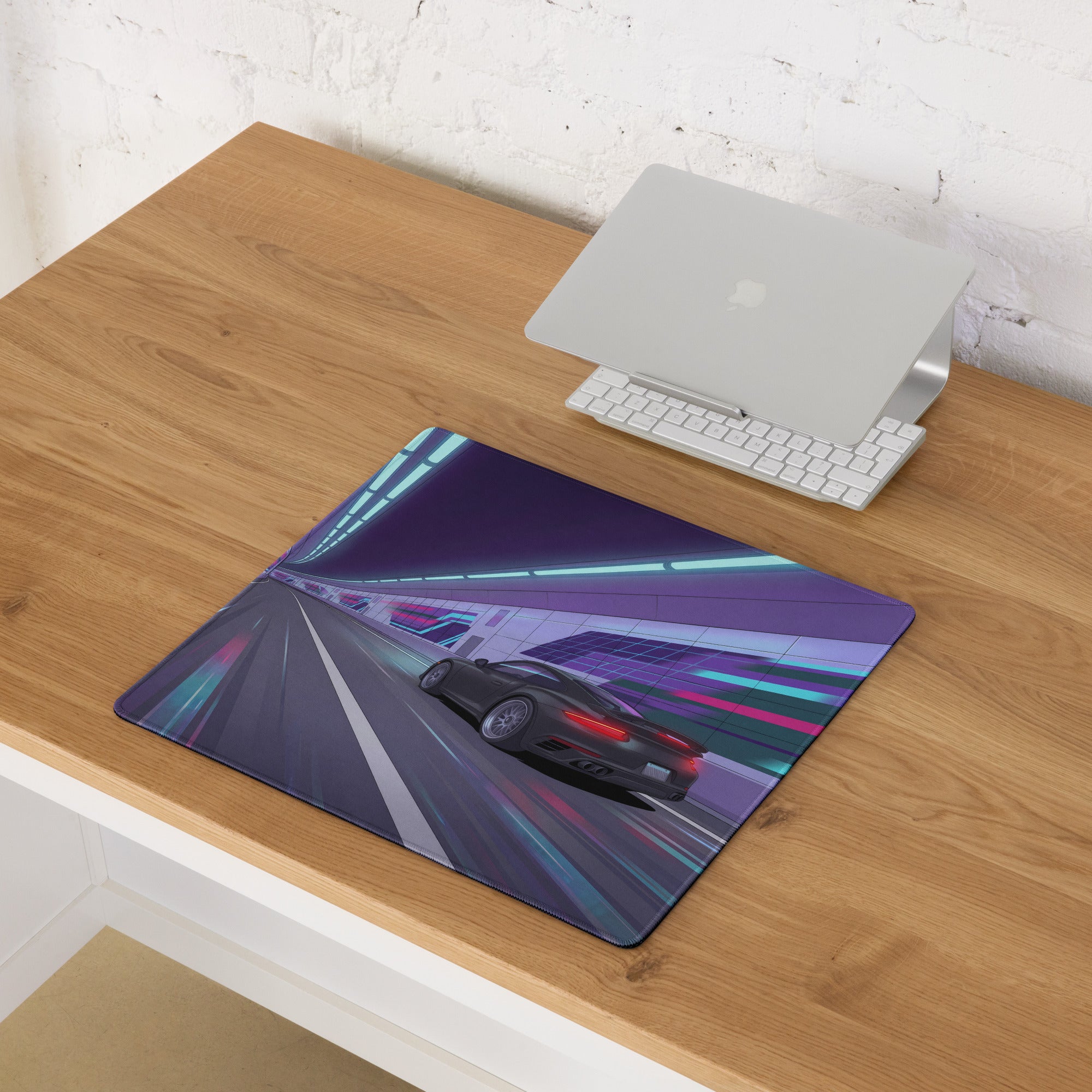 Porsche 911 Turbo S Inspired Black Purple Vaporwave Gaming Mouse Pad – Neon Cyberpunk Tunnel Desk Mat, Futuristic Racing Car Digital Artwork