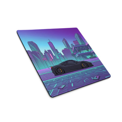 Ferrari 488 Pista Inspired Black Cyan Vaporwave Gaming Mouse Pad – Neon Retro City Desk Mat, Futuristic Supercar Digital Artwork, Synthwave Decor