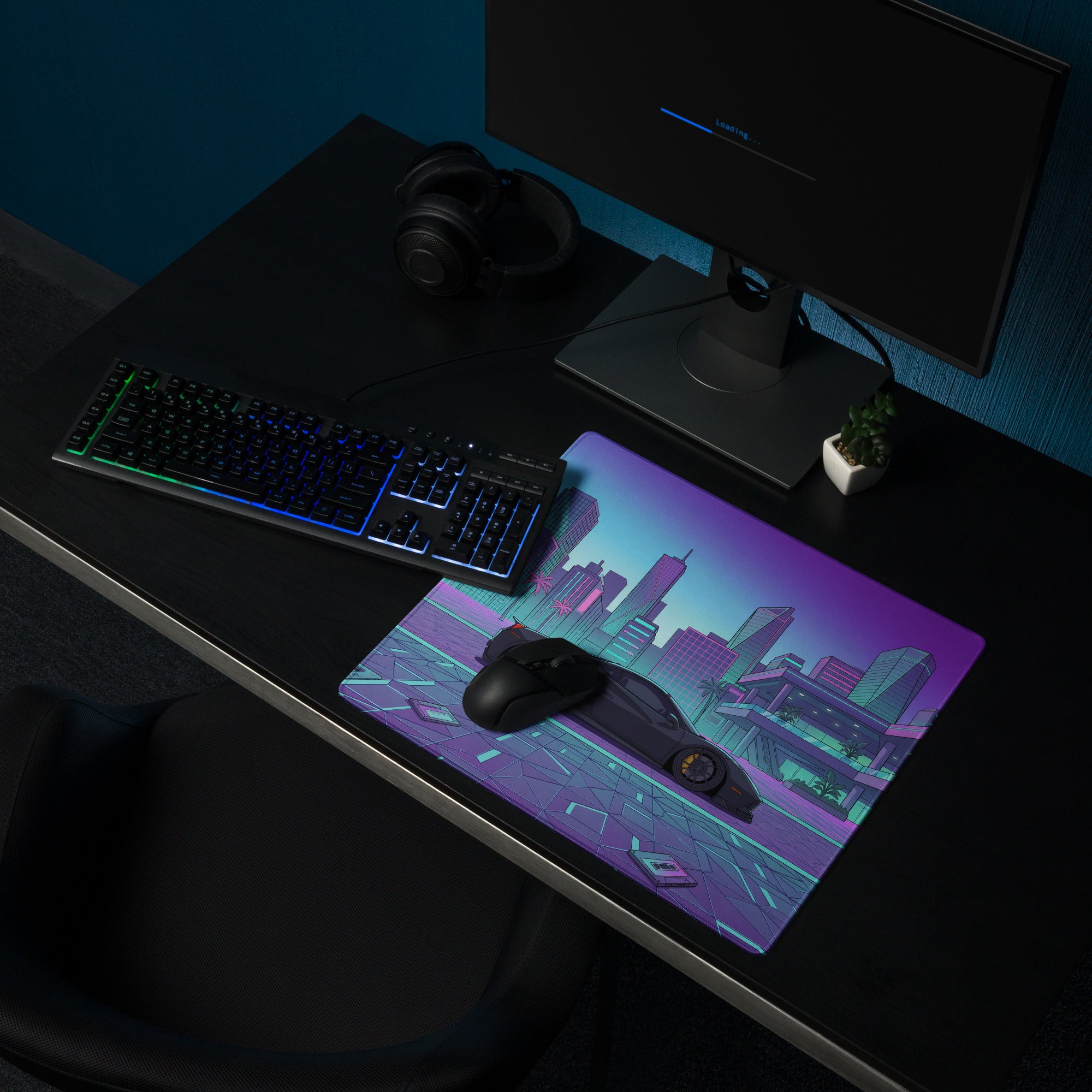 Ferrari 488 Pista Inspired Black Cyan Vaporwave Gaming Mouse Pad – Neon Retro City Desk Mat, Futuristic Supercar Digital Artwork, Synthwave Decor