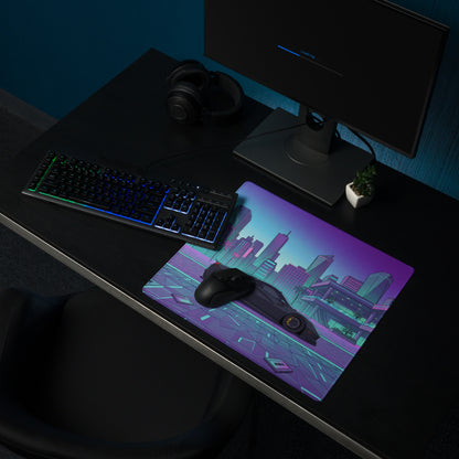 Ferrari 488 Pista Inspired Black Cyan Vaporwave Gaming Mouse Pad – Neon Retro City Desk Mat, Futuristic Supercar Digital Artwork, Synthwave Decor