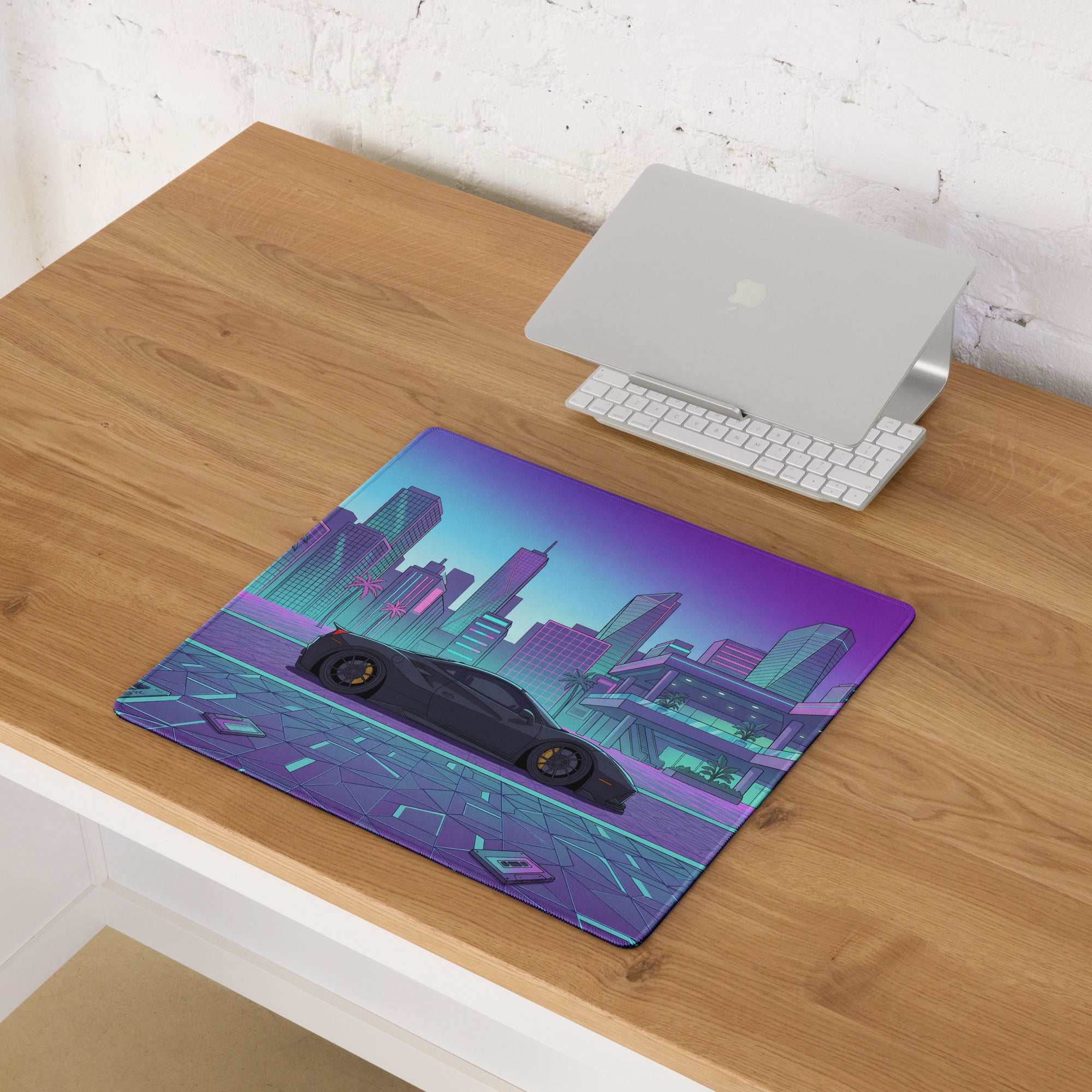 Ferrari 488 Pista Inspired Black Cyan Vaporwave Gaming Mouse Pad – Neon Retro City Desk Mat, Futuristic Supercar Digital Artwork, Synthwave Decor