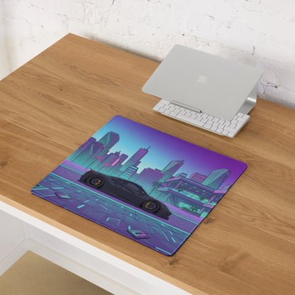 Ferrari 488 Pista Inspired Black Cyan Vaporwave Gaming Mouse Pad – Neon Retro City Desk Mat, Futuristic Supercar Digital Artwork, Synthwave Decor