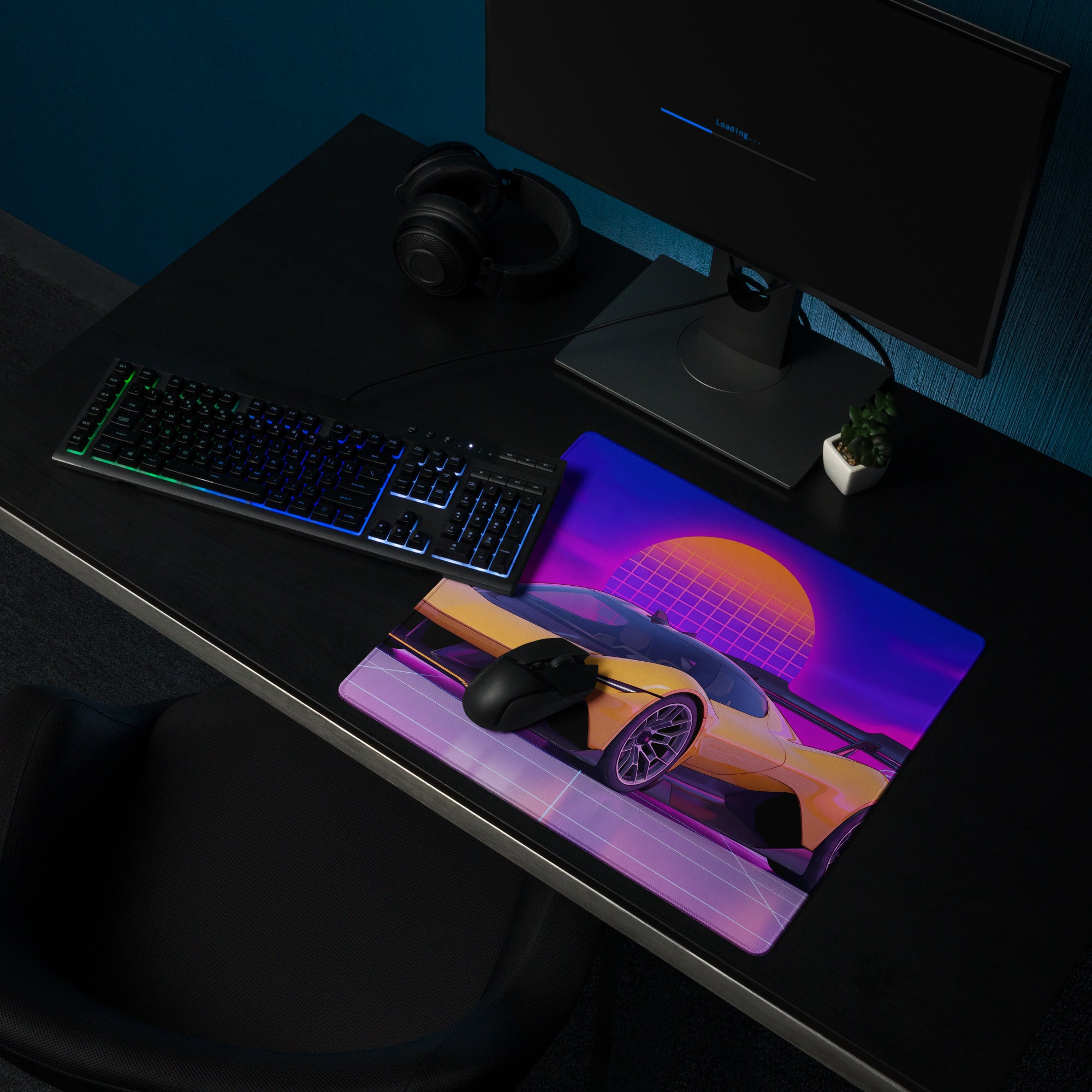 Chevrolet Corvette CX.R Vision Inspired Orange Purple Vaporwave Gaming Mouse Pad – Neon Palm Tree Grid Desk Mat, Retro Futuristic Hypercar Digital Artwork