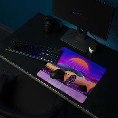 Chevrolet Corvette CX.R Vision Inspired Orange Purple Vaporwave Gaming Mouse Pad – Neon Palm Tree Grid Desk Mat, Retro Futuristic Hypercar Digital Artwork