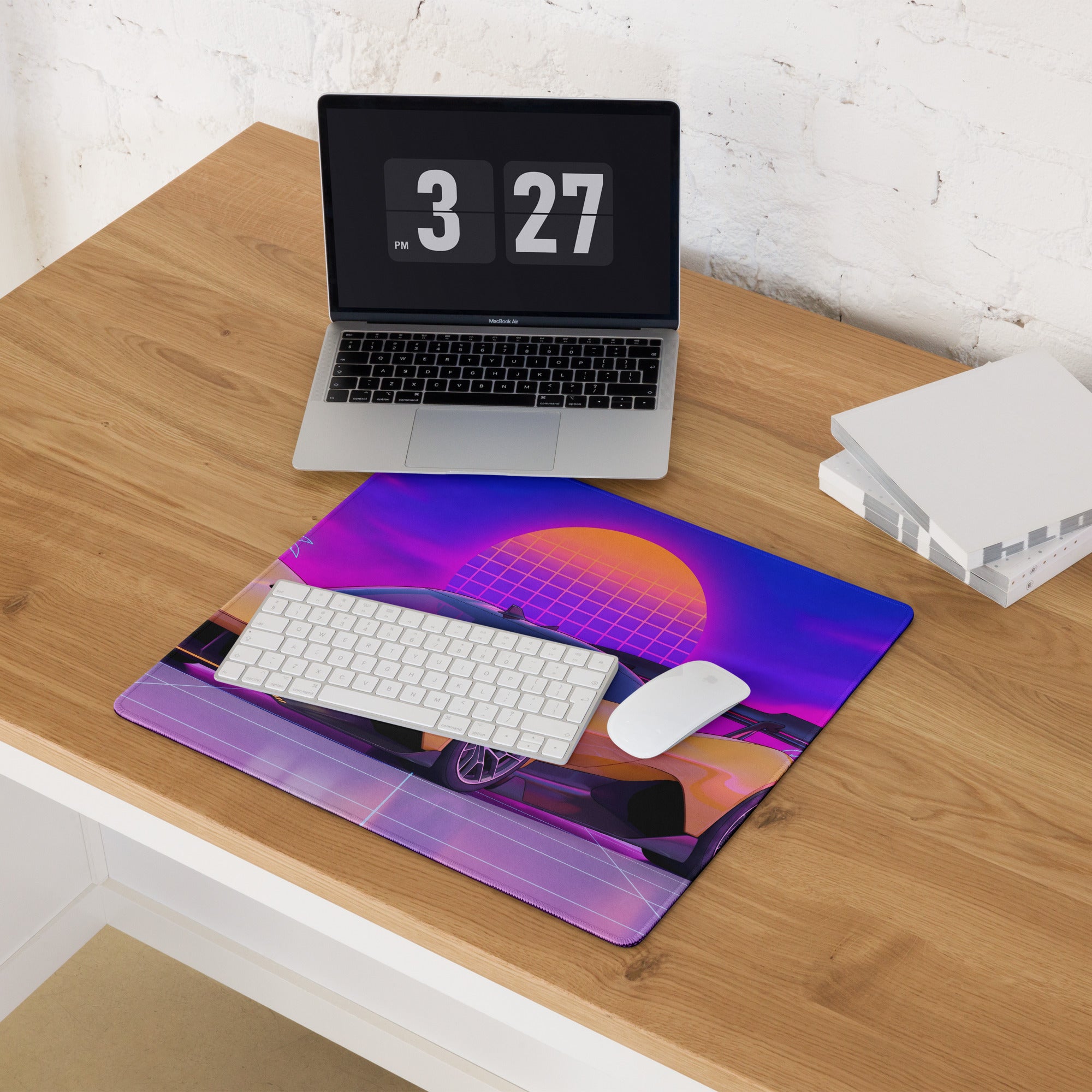 Chevrolet Corvette CX.R Vision Inspired Orange Purple Vaporwave Gaming Mouse Pad – Neon Palm Tree Grid Desk Mat, Retro Futuristic Hypercar Digital Artwork