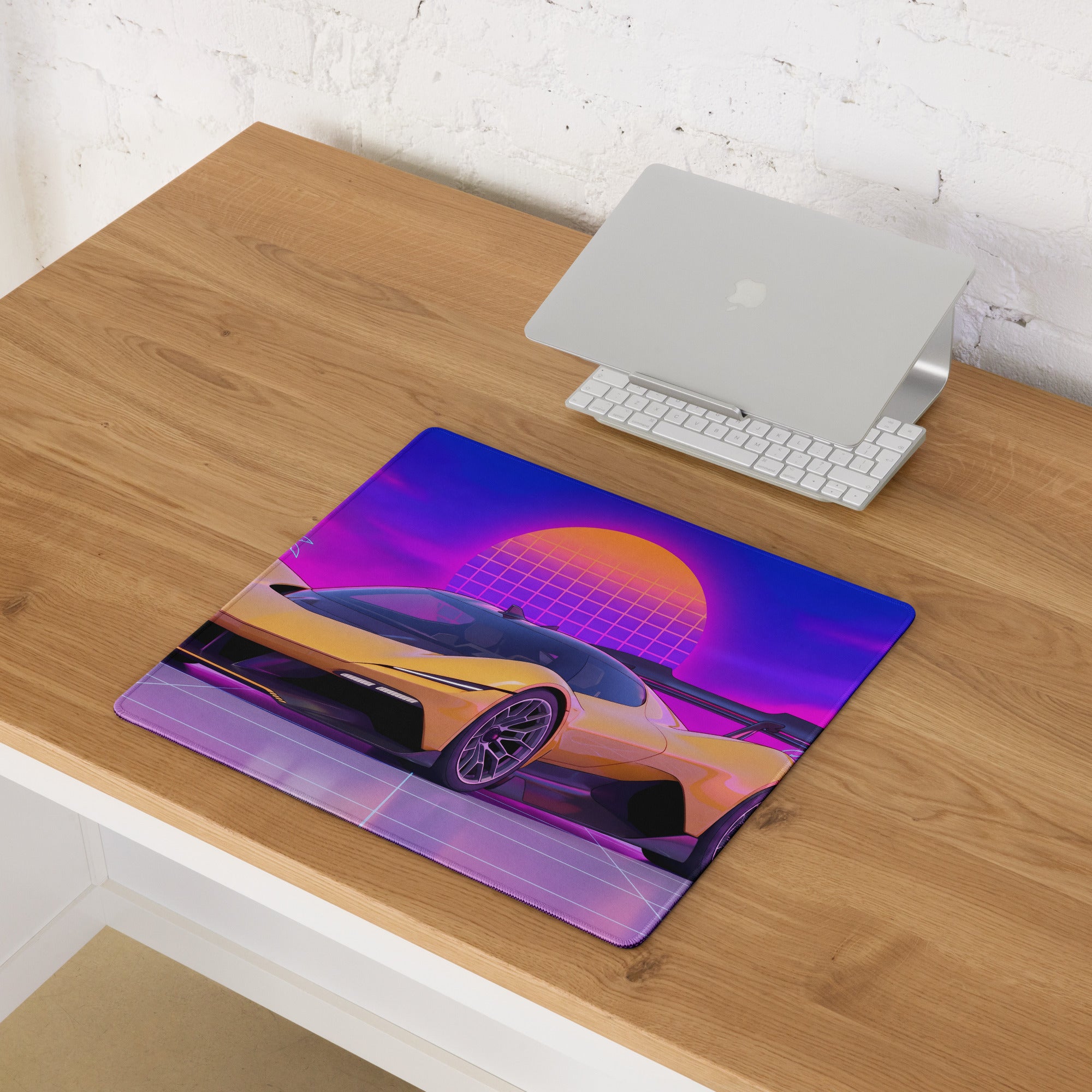 Chevrolet Corvette CX.R Vision Inspired Orange Purple Vaporwave Gaming Mouse Pad – Neon Palm Tree Grid Desk Mat, Retro Futuristic Hypercar Digital Artwork