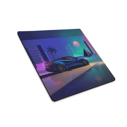 Lotus Emira Inspired Blue Vaporwave Gaming Mouse Pad – Neon Futuristic Gallery Desk Mat, Retro Synthwave Supercar Digital Art