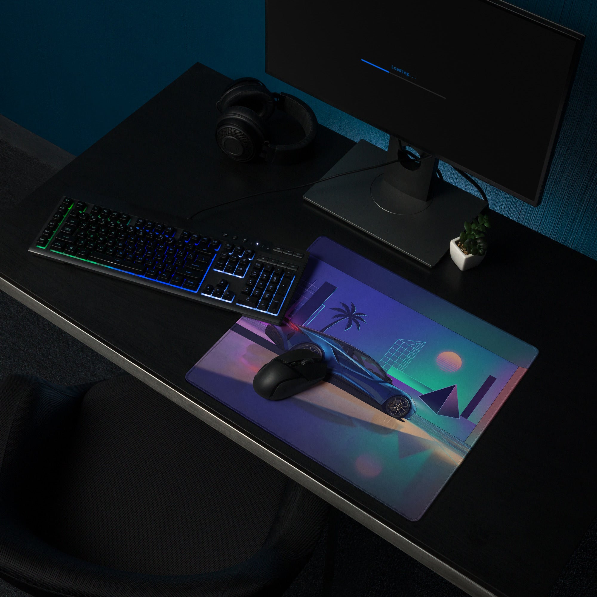 Lotus Emira Inspired Blue Vaporwave Gaming Mouse Pad – Neon Futuristic Gallery Desk Mat, Retro Synthwave Supercar Digital Art