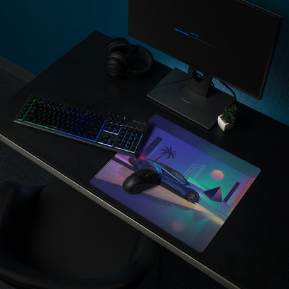Lotus Emira Inspired Blue Vaporwave Gaming Mouse Pad – Neon Futuristic Gallery Desk Mat, Retro Synthwave Supercar Digital Art