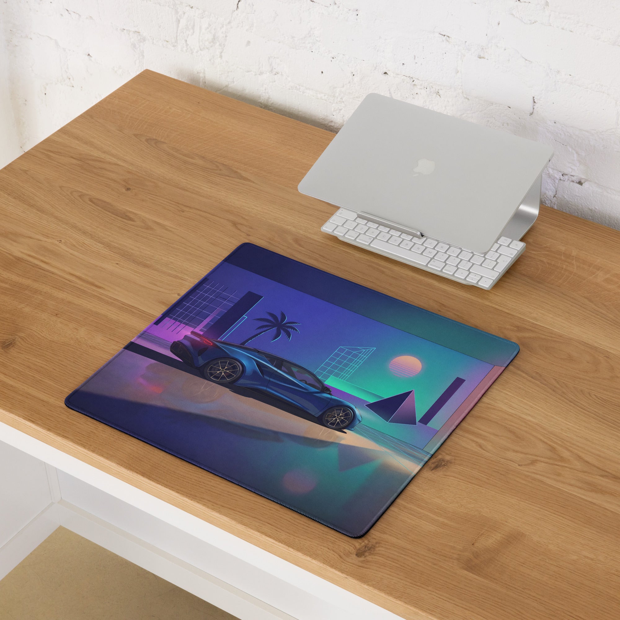 Lotus Emira Inspired Blue Vaporwave Gaming Mouse Pad – Neon Futuristic Gallery Desk Mat, Retro Synthwave Supercar Digital Art