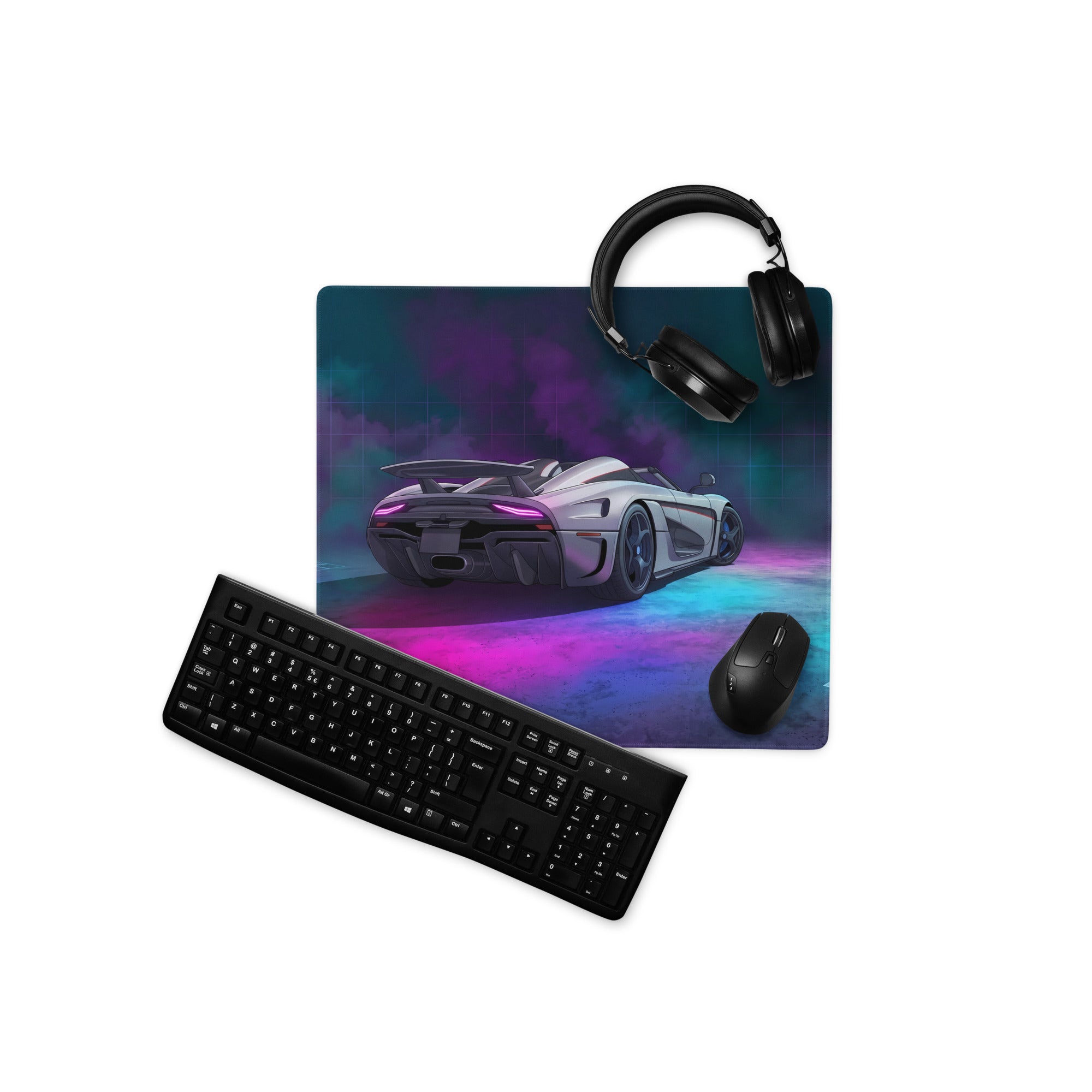 Koenigsegg Regera Inspired White Cyan Vaporwave Gaming Mouse Pad – Neon Smoke Supercar Desk Mat, Futuristic Synthwave Digital Artwork