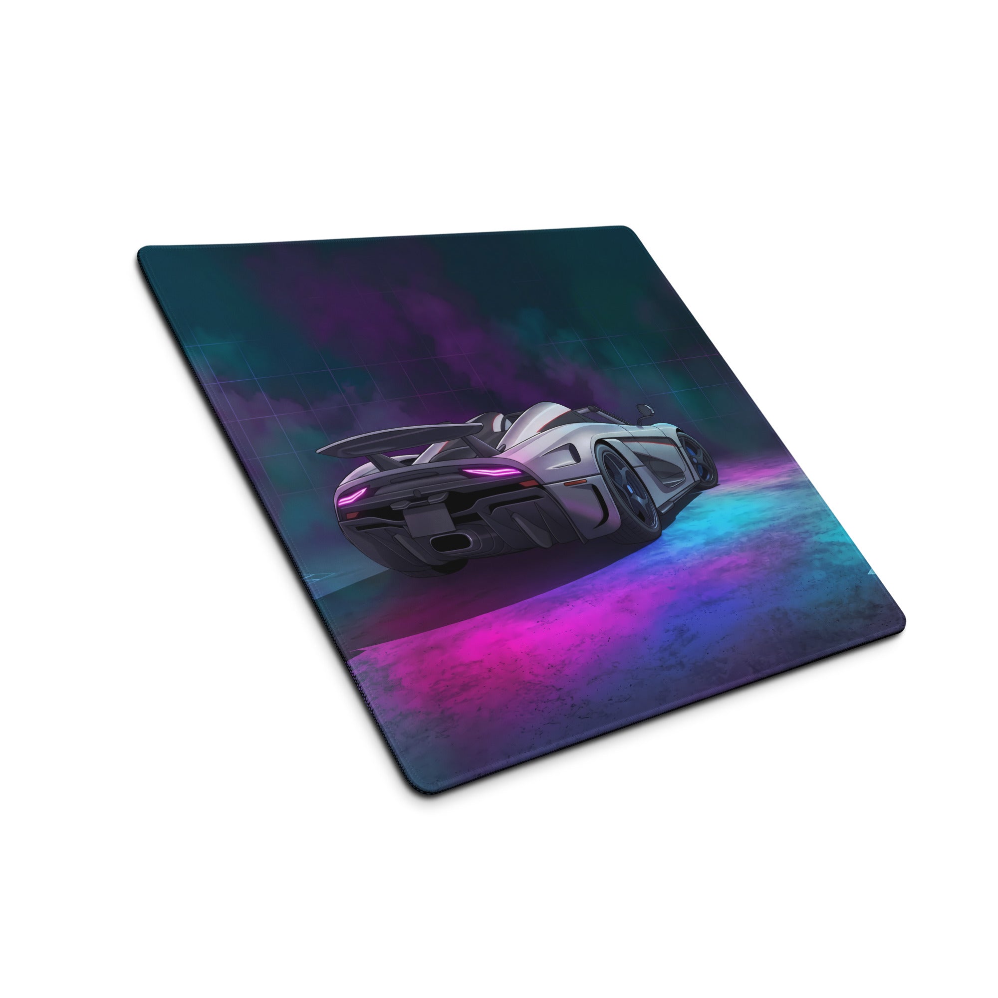 Koenigsegg Regera Inspired White Cyan Vaporwave Gaming Mouse Pad – Neon Smoke Supercar Desk Mat, Futuristic Synthwave Digital Artwork