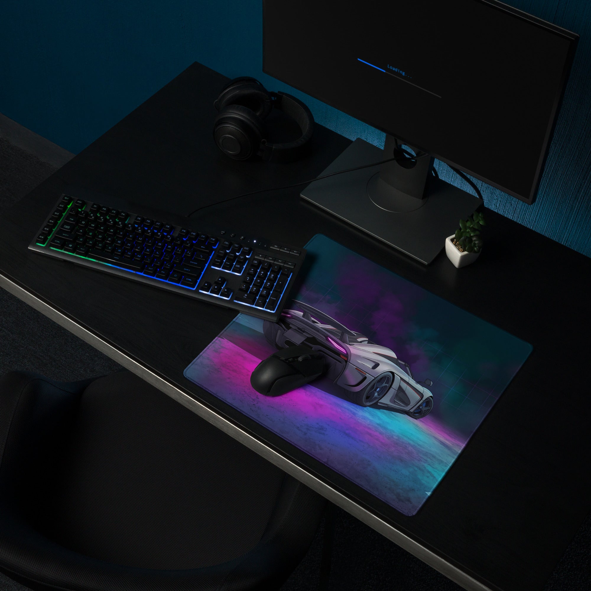 Koenigsegg Regera Inspired White Cyan Vaporwave Gaming Mouse Pad – Neon Smoke Supercar Desk Mat, Futuristic Synthwave Digital Artwork