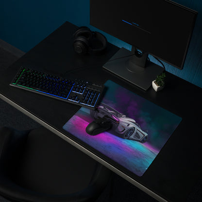 Koenigsegg Regera Inspired White Cyan Vaporwave Gaming Mouse Pad – Neon Smoke Supercar Desk Mat, Futuristic Synthwave Digital Artwork