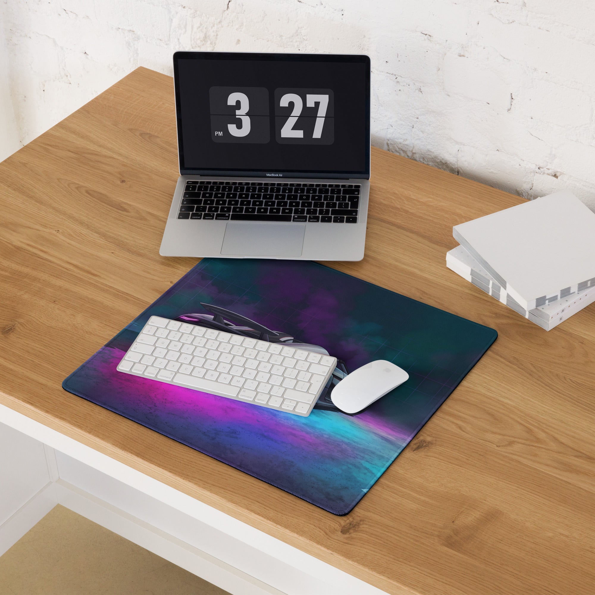 Koenigsegg Regera Inspired White Cyan Vaporwave Gaming Mouse Pad – Neon Smoke Supercar Desk Mat, Futuristic Synthwave Digital Artwork