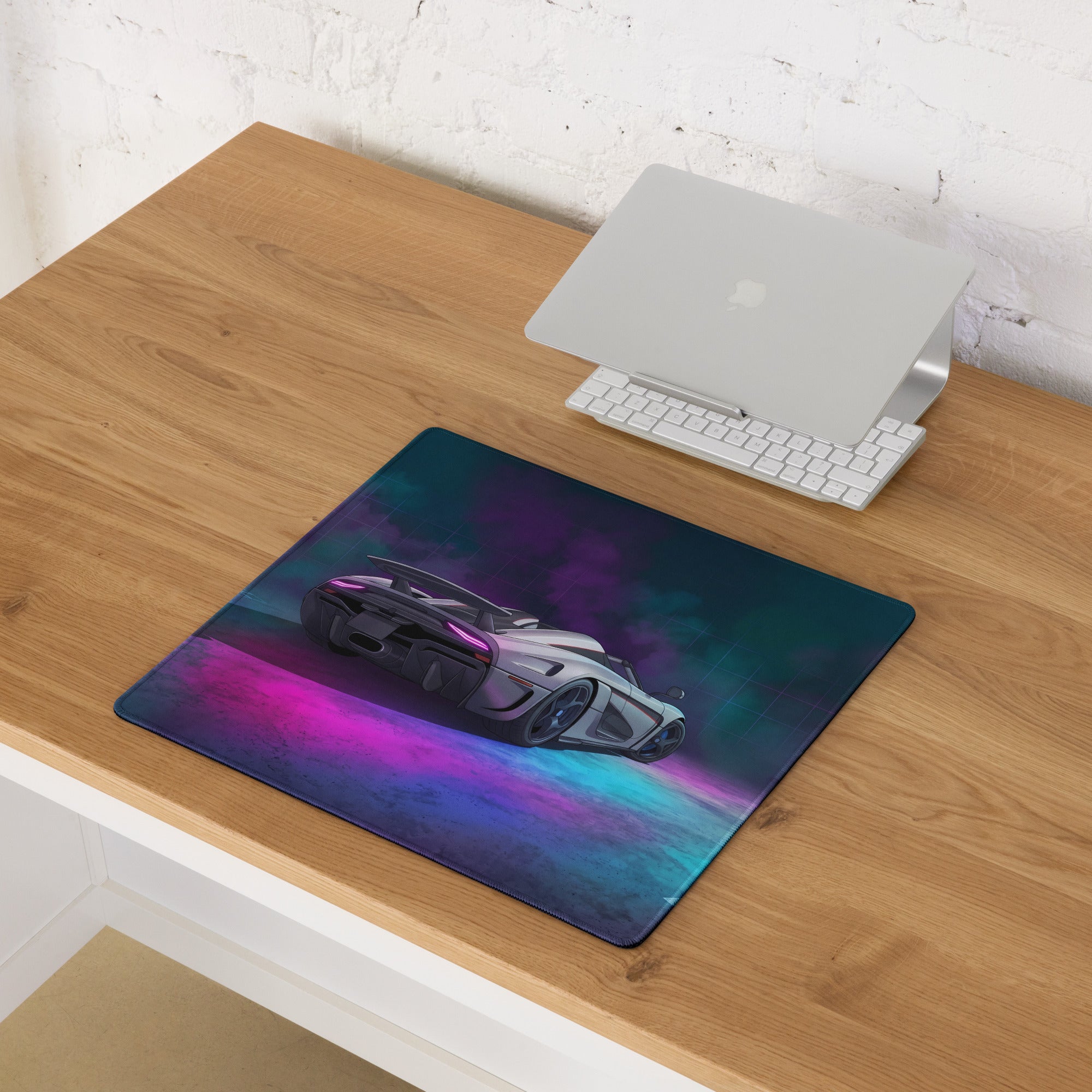 Koenigsegg Regera Inspired White Cyan Vaporwave Gaming Mouse Pad – Neon Smoke Supercar Desk Mat, Futuristic Synthwave Digital Artwork