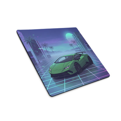 Lamborghini Huracán Performante Inspired Green Vaporwave Gaming Mouse Pad – Neon Grid City Desk Mat, Retro Futuristic Supercar Digital Artwork