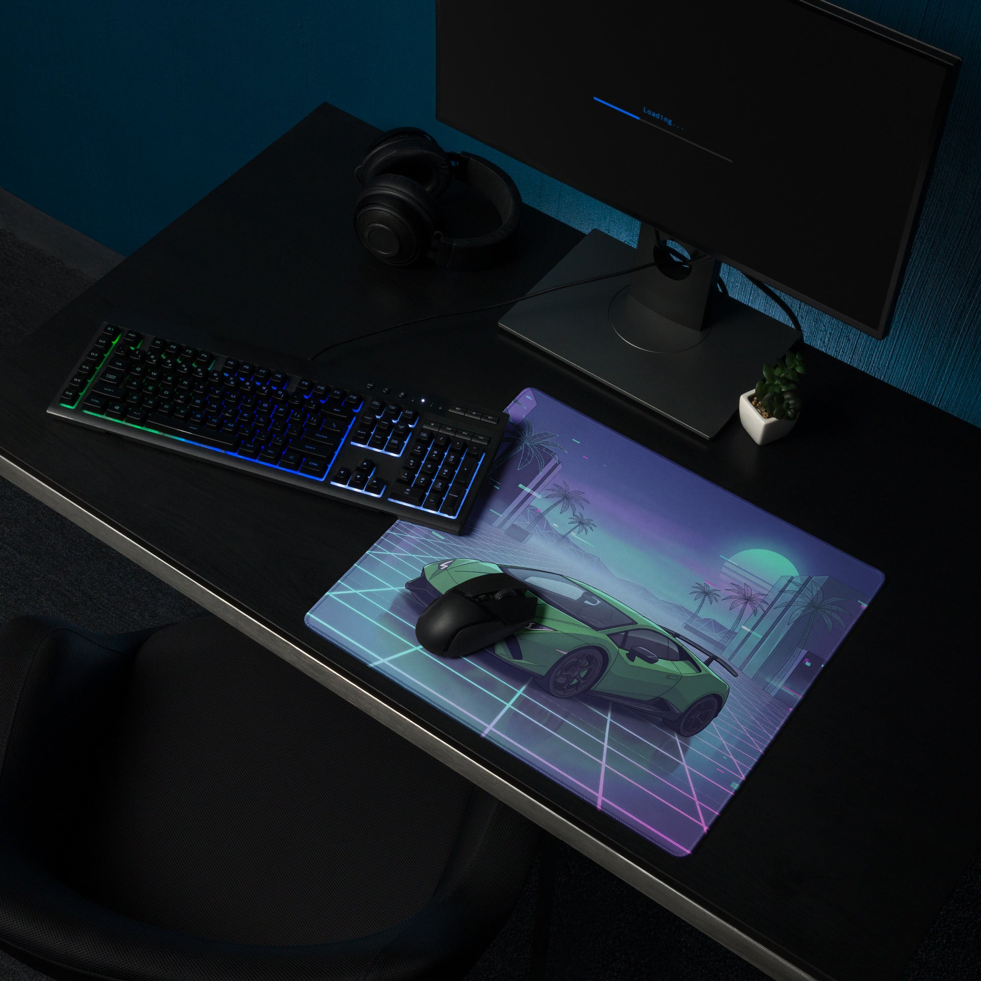 Lamborghini Huracán Performante Inspired Green Vaporwave Gaming Mouse Pad – Neon Grid City Desk Mat, Retro Futuristic Supercar Digital Artwork