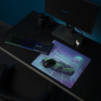 Lamborghini Huracán Performante Inspired Green Vaporwave Gaming Mouse Pad – Neon Grid City Desk Mat, Retro Futuristic Supercar Digital Artwork