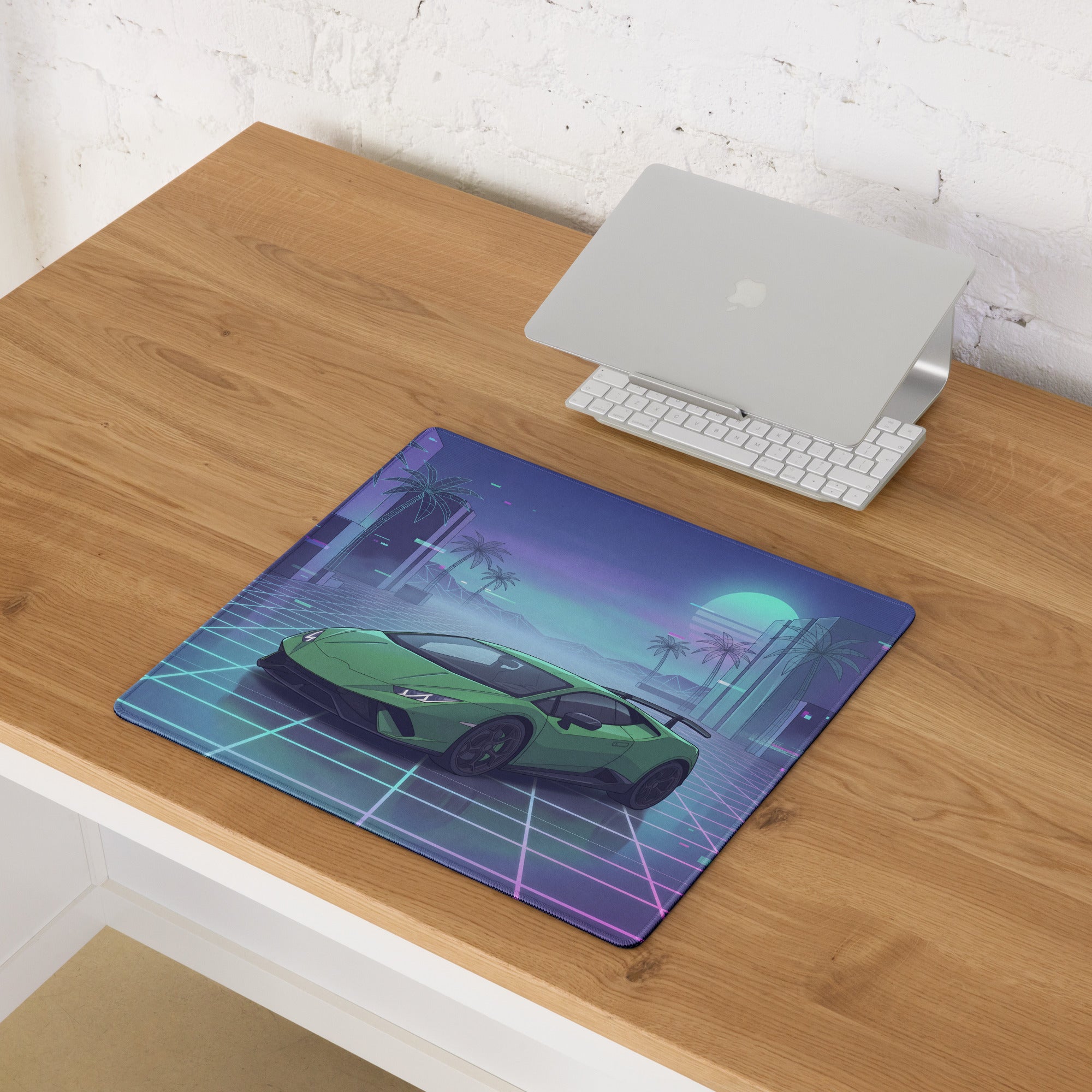 Lamborghini Huracán Performante Inspired Green Vaporwave Gaming Mouse Pad – Neon Grid City Desk Mat, Retro Futuristic Supercar Digital Artwork