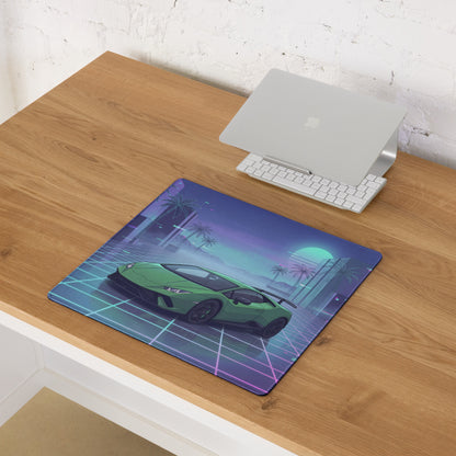 Lamborghini Huracán Performante Inspired Green Vaporwave Gaming Mouse Pad – Neon Grid City Desk Mat, Retro Futuristic Supercar Digital Artwork