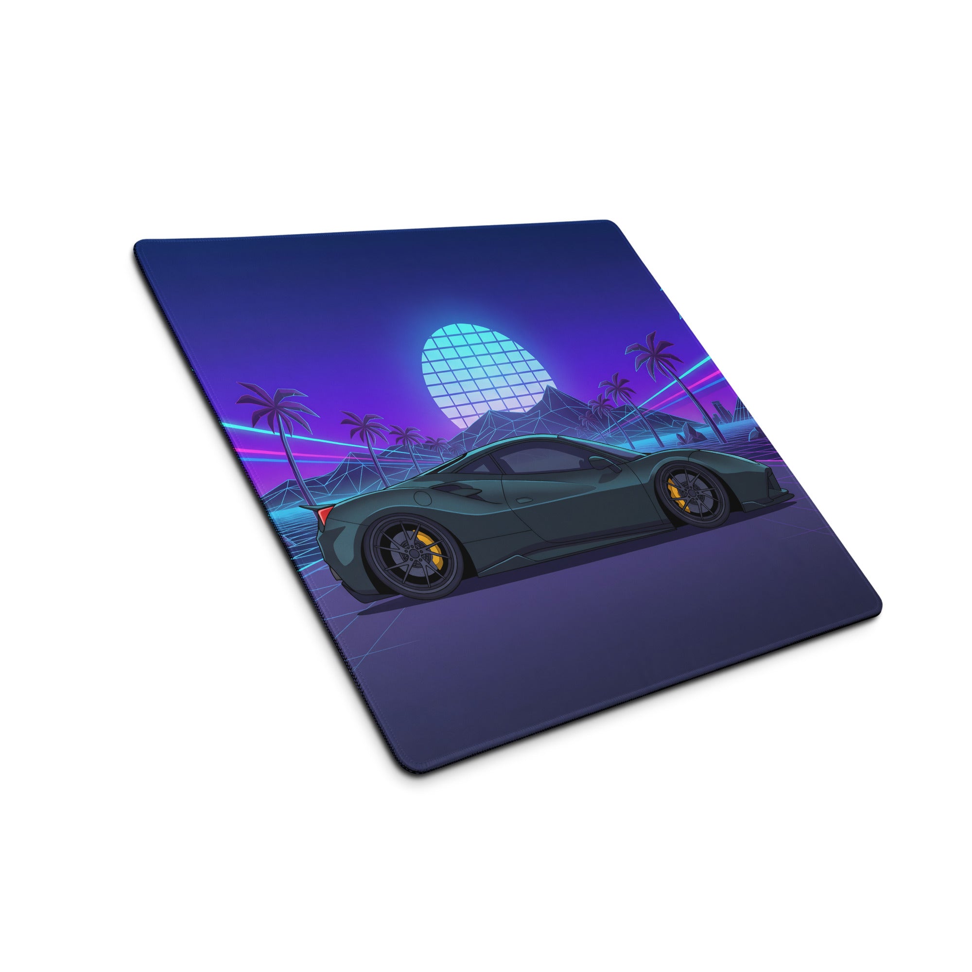 Ferrari 488 GTB Inspired Dark Green Vaporwave Gaming Mouse Pad – Neon Palm Tree Grid Desk Mat, Retro Futuristic Supercar Digital Artwork
