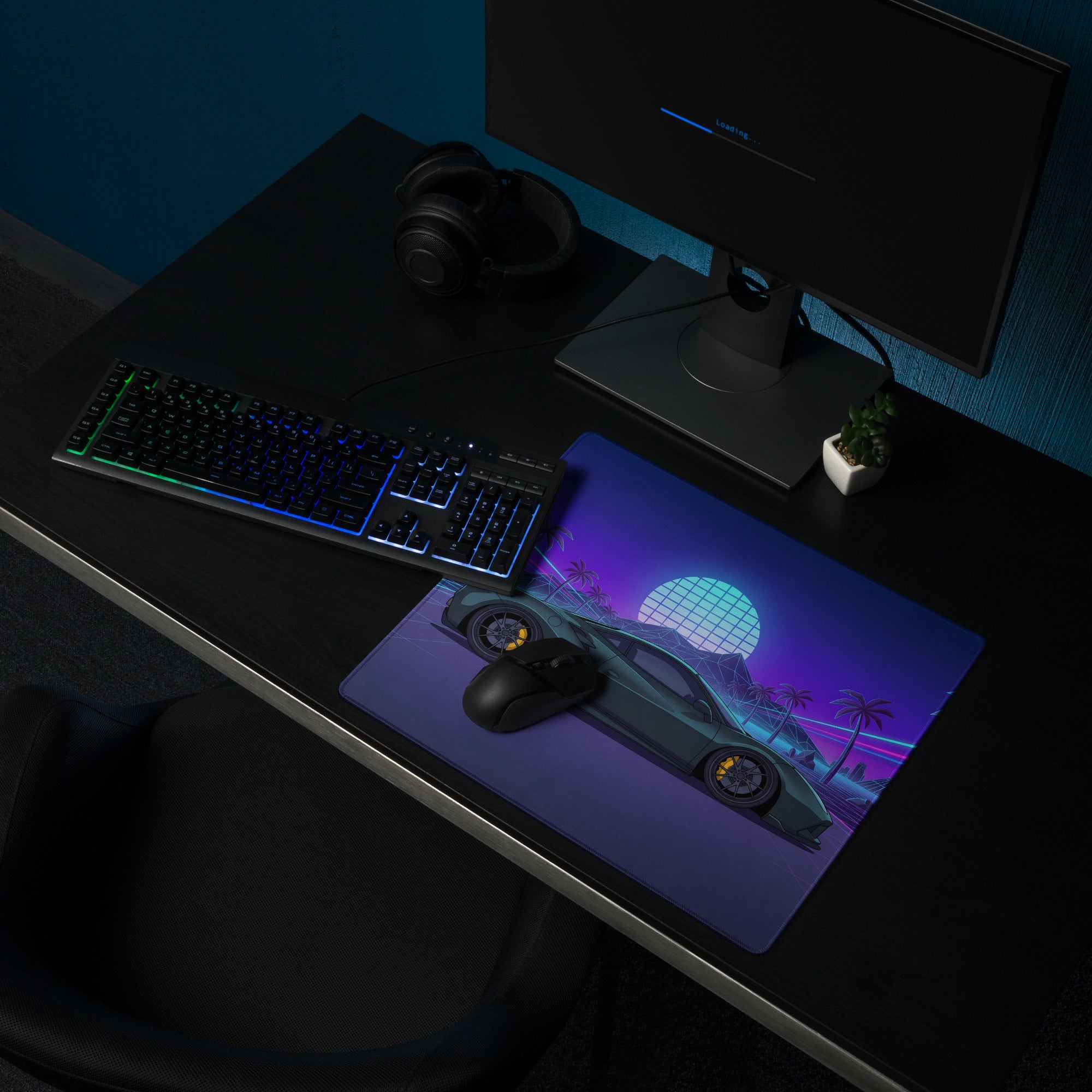 Ferrari 488 GTB Inspired Dark Green Vaporwave Gaming Mouse Pad – Neon Palm Tree Grid Desk Mat, Retro Futuristic Supercar Digital Artwork