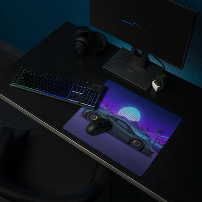 Ferrari 488 GTB Inspired Dark Green Vaporwave Gaming Mouse Pad – Neon Palm Tree Grid Desk Mat, Retro Futuristic Supercar Digital Artwork