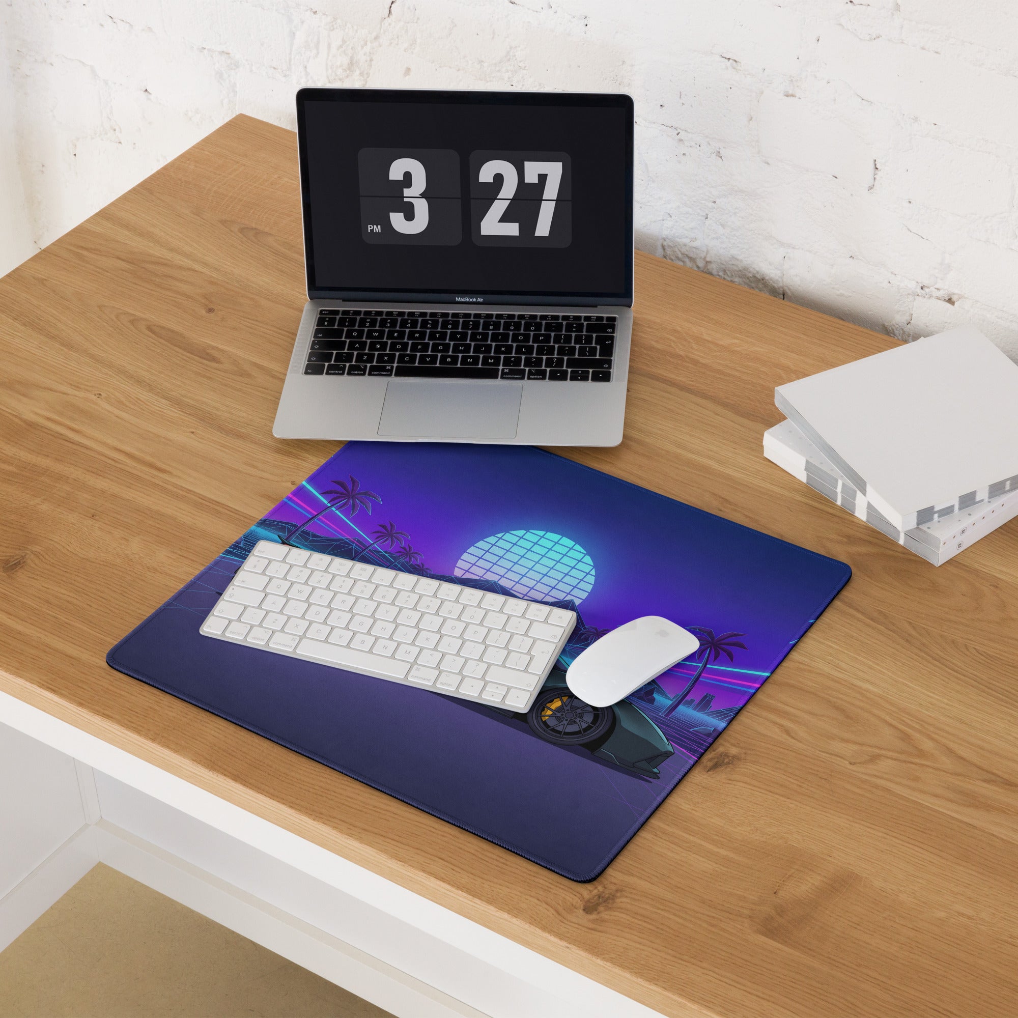 Ferrari 488 GTB Inspired Dark Green Vaporwave Gaming Mouse Pad – Neon Palm Tree Grid Desk Mat, Retro Futuristic Supercar Digital Artwork