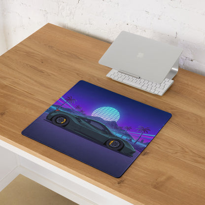 Ferrari 488 GTB Inspired Dark Green Vaporwave Gaming Mouse Pad – Neon Palm Tree Grid Desk Mat, Retro Futuristic Supercar Digital Artwork