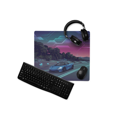 McLaren 720S Inspired Blue Vaporwave Gaming Mouse Pad – Neon Highway Desk Mat, Dreamy Retro Futuristic Forest Landscape Digital Supercar Art