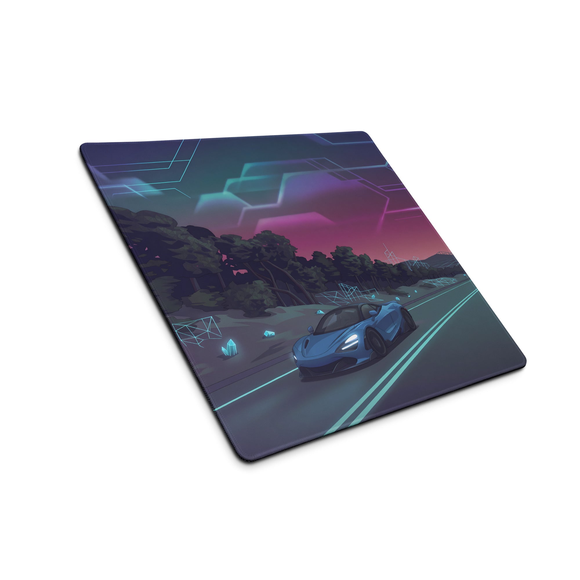 McLaren 720S Inspired Blue Vaporwave Gaming Mouse Pad – Neon Highway Desk Mat, Dreamy Retro Futuristic Forest Landscape Digital Supercar Art